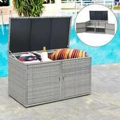 Looking for a storage box for your outdoor space? So never compromise your style when looking for form and function in your outdoor living space. Our garden bench box maximizes storage space and increases patio seating capacity while providing an attractive focal point to your garden or patio. It is made of sturdy steel, PE wicker and weather-proof for durable use. When you lack space for storing your belongings outdoors, the box will work perfectly with large capacity for storing your cushions, Pool Storage Box, Outdoor Toy Storage, Pool Storage, Deck Storage, Rattan Storage, Patio Storage, Deck Box Storage, Deck Box, Storage Boxes With Lids