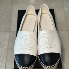 Chanel Espadrilles White With Black Toe Size 39. They Were Used Three Times, Are In Perfect Like New Conditions. No Sign Of Wear. Includes Box And Dust Bag Chanel Espadrilles, Shoes Chanel, No Sign, Espadrille Shoes, Chanel Shoes, Espadrilles, Dust Bag, Color White, Chanel