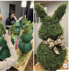 a woman is decorating some green vases with grass on them and another photo has a bunny made out of it