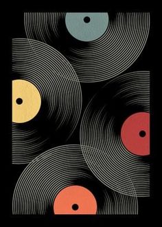 an image of vinyl records with different colors and sizes on black background, all stacked together