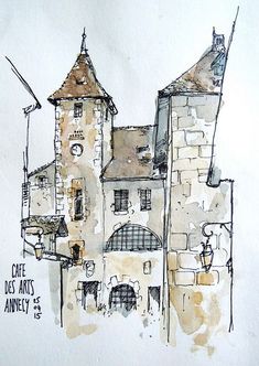 a drawing of an old building with two towers