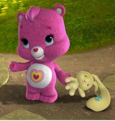 a pink teddy bear standing next to a toy rabbit on a path in the grass