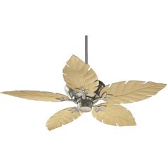 a ceiling fan with leaves hanging from it's blades on a white background