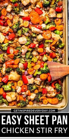 an easy sheet pan chicken stir fry with broccoli and carrots in it