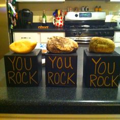 three blocks that say you rock, you rock and you rock with bread on them