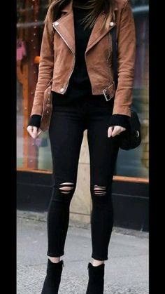 Western Wear Outfits, Outfit Mujer, Leather Jacket Outfits, Outfit Jeans, Causual Outfits, Brown Jacket, 가을 패션, Girls Fashion Clothes