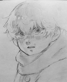 a pencil drawing of a boy with glasses and a scarf around his neck looking at the camera