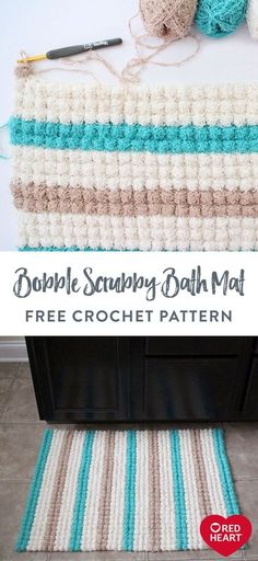 a crocheted bath mat with yarn on top and the words, free crochet pattern