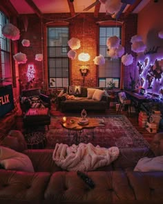 a living room filled with furniture and lights