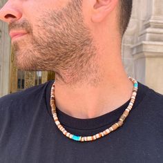 Mens 6mm beaded choker necklace. The combination of various wood and heishi gemstones brings a sense of grounding, balance, and connection to nature. This necklace is the perfect choice for the modern man who values both fashion and inner balance. Necklace Size: 20" with 2" extension, so it can be easily adjusted. Lux men's statement pieces designed to wear alone, layered, or enhanced with our collection of charms! Sleek and timeless pieces made to become his favorite go-to accessory. Make this Balance Necklace, Mens Choker, Mens Choker Necklace, Men Choker, Necklace For Him, Wooden Bead Necklace, Rustic Necklace, Inner Balance, Wooden Bead Necklaces