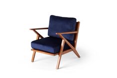 a blue chair with wooden arms and legs