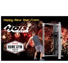 a man standing in front of a gym machine with fireworks behind him and the words happy new year from hoist