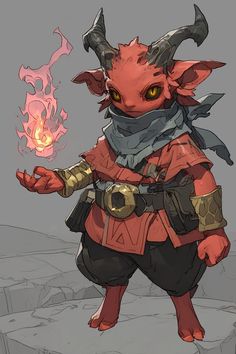 an animal with horns and a scarf on its head, holding a fire ball in his hand