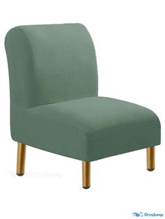 a green chair with gold legs on a white background