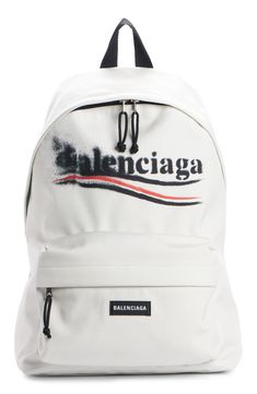 A partially blurred campaign logo brands this sturdy backpack that features comfortably padded straps and a spacious zip pocket. Two-way top-zip closure Top carry handle; adjustable backpack straps Exterior zip pocket Interior zip pocket; interior laptop pocket Cotton-canvas lining Textile Made in Italy Balenciaga Mini Backpack, Sturdy Backpack, White Backpack With Adjustable Strap For On-the-go, On-the-go Backpack With Leather Trim And Coated Canvas, Explorer Backpack, On-the-go Beige Backpack With Zipper Closure, Balenciaga Backpack, Baby Gear Essentials, Campaign Logo