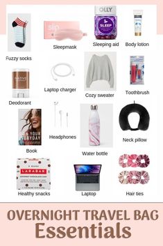 the overnight travel bag essentials list is shown in pink and white, with text overlay