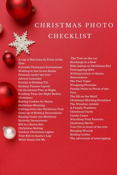 christmas photo checklist with ornaments on red background