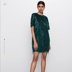 Beautiful Never Worn Zara Green Shift Dress With Green Beading. Runs On The Larger Side Green Beaded Party Dresses, Green Sequined Short Sleeve Dress, Glamorous Green Short Sleeve Dress, Zara Embellished Evening Dresses, Elegant Beaded Fringe Dress For Festive Occasions, Beaded Short Dress, Green Shift Dress, Zara Dresses, Short Dress