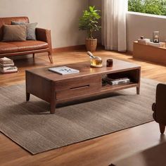 a living room filled with furniture and a wooden table on top of a carpeted floor