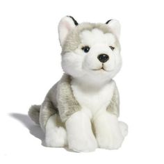 a white and gray stuffed husky dog sitting down