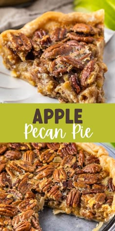 an apple pecan pie is cut into slices and served on a plate with the rest of the pie in the background