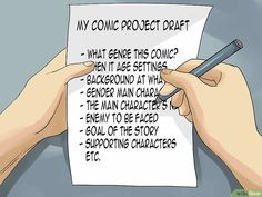 two hands holding a piece of paper with the words comic project draft written on it