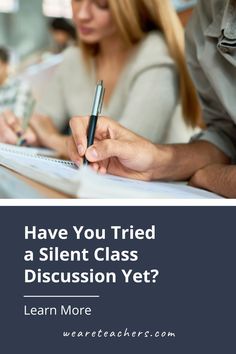 a woman writing on a piece of paper with the words have you tried a silent class discussion yet?