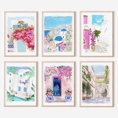 four framed art prints with pink flowers and blue doors