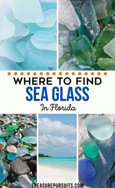 the words where to find sea glass in florida on top of pictures of beach and ocean