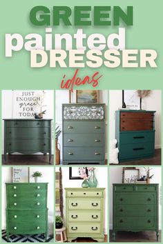 green painted dressers in different colors and sizes