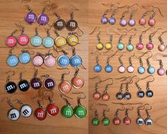 two pictures of different colored earrings with the letters m and m in them on a wooden surface