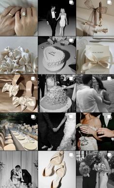 black and white wedding pictures with bride and grooms cake toppers, flowers and ribbons