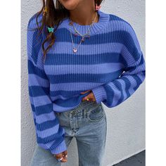 F00284227-403 Chaleco Casual, Estilo Chic, Drop Shoulder Sweaters, Color Stripes, Winter Sweaters, Striped Knit, Casual Fits, Stripe Sweater, Crew Neck Sweater