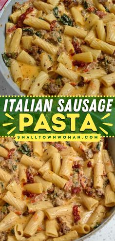 Whip up this Italian Sausage Pasta! This homemade dinner recipe is so easy. Cooked in a creamy garlic Parmesan sauce with rigatoni, tomatoes, and spinach, it will become one of your go-to comfort food. Variations included! Sausage Pasta Recipe, Creamy Sausage Pasta, Creamy Garlic Parmesan Sauce, Sausage Pasta Recipes, Garlic Parmesan Sauce, Italian Sausage Pasta, Italian Chopped Salad, Italian Sausage Recipes, Homemade Dinner Recipes