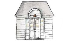 a drawing of a white house with two doors and a star on the top window