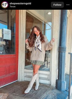 Western Outfit With Scarf, Nfr Outfit Inspiration, Southern Glam Outfit, Western Sweater Dress Outfits, Modest Nashville Outfits, Keeneland Spring Outfit, Nfr Style Western Chic, Old Money Cowgirl Outfits, Thrifted Western Outfits