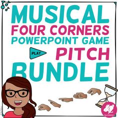 a poster with the words musical four corners, powerpoint game and pitch bundle on it