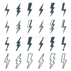 set of lightning bolt icons in black and white, isolated on a white background with clippings