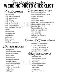 the wedding photo checklist is shown in black and white, with words above it