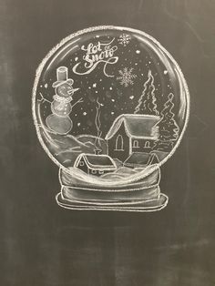 a chalk drawing of a snow globe with houses in it