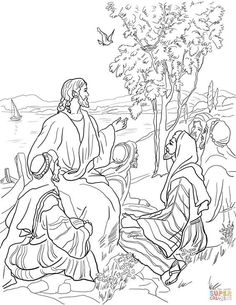 jesus talking to two women in the wilderness with birds flying above him and trees behind them