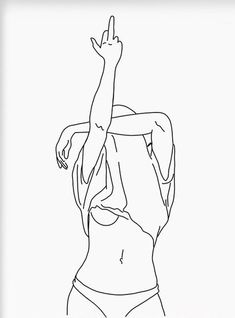 a line drawing of a woman's back with her hand up in the air