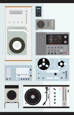 a poster with different types of electronic equipment on it's sides, including speakers and tape recorders