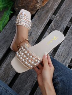 Women's Fashionable Luxurious Pearl Decoration Slippers With A Single Strap, Casual, Comfortable, Classic French Design, Beaded, Open Toe, Flat Sole, Elegant, Convenient For Daily Use, Milky Color Beige Glamorous        Women Shoes, size features are:Bust: ,Length: ,Sleeve Length: Fancy Sandals, Women Flat Sandals, Pretty Sandals, Fashion Shoes Heels, Cute Shoes Heels, Outdoor Slippers, Fashion Slippers, Fancy Shoes, Girly Shoes