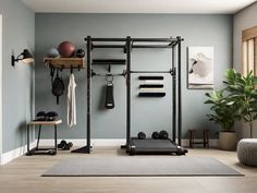 a home gym with exercise equipment and accessories