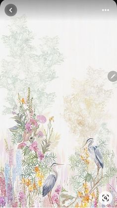 two birds are standing in the middle of flowers and plants on a wallpapered background