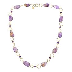 Rarities 28" Gold-Plated Carved Amethyst Bead Station Necklace  Effortless finishing touches begin with elegantly easygoing looks like this circle-link necklace and its intriguing collection of meticulously carved amethyst beads.        Approx. 28"L x 1/2"W     Stamped .925 sterling silver; yellow gold plating; polished finish      S-hook clasp    Stone Information       All sizes and weights approximate     Amethyst: Freeform (22.5x13.7-26x16mm), faceted bead (5-6mm) Amethyst Beaded Necklace, Diy Jewellery Designs, Beads Craft Jewelry, Beads Craft, Design Video, Craft Jewelry, S Hook, Craft Stuff, Amethyst Beads