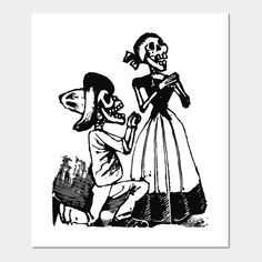 a skeleton is kneeling down next to a woman in a dress