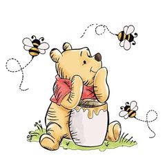 a winnie the pooh honey pot with bees flying around and holding it in its mouth