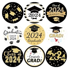 graduation stickers with gold glitter and black caps, gowns, diplomas and mortars